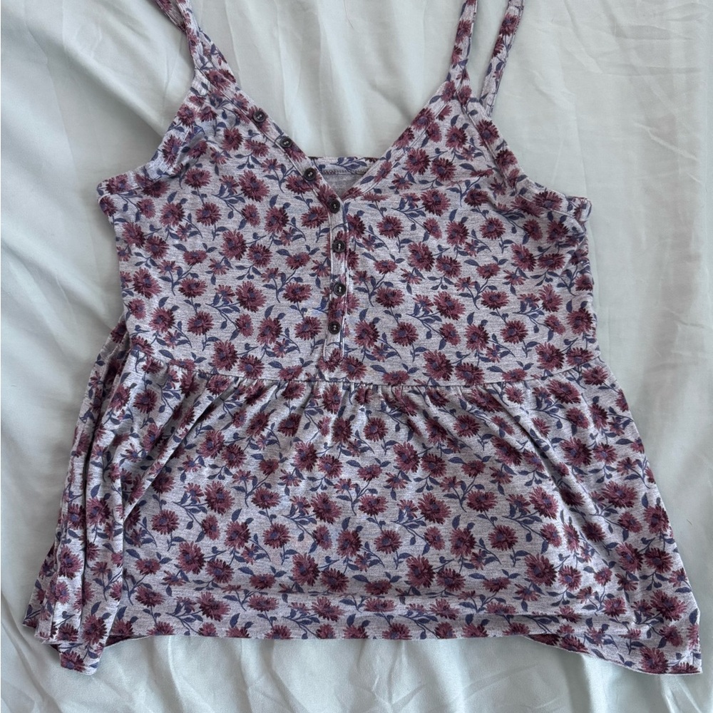 American Eagle Grey Floral Soft & Sexy Tank With Buttons Medium